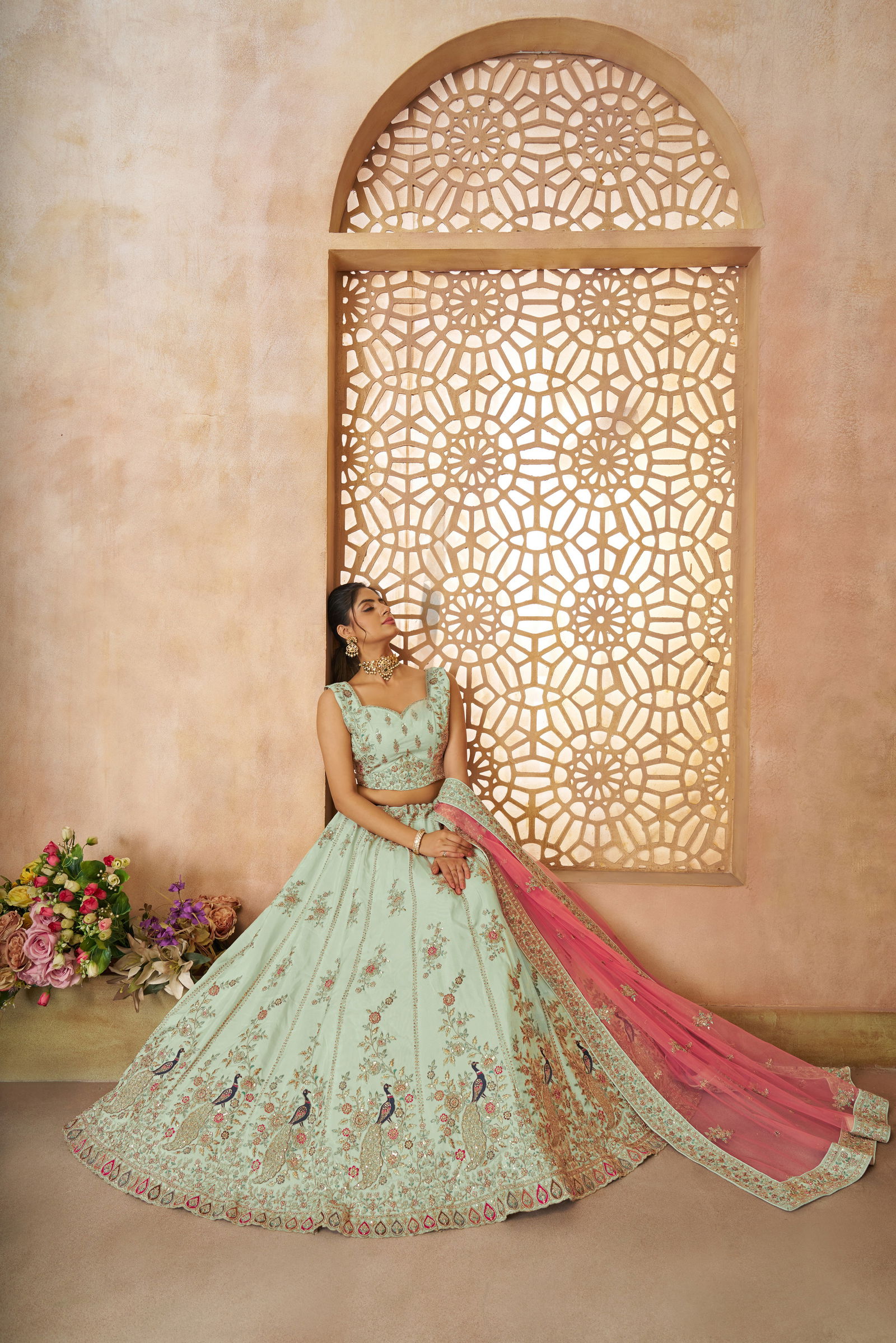 Kf 35 Green Blue Zari Silk Embroidery Work Lehenga Choli & Dupatta Wholesale In India